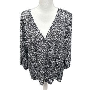 Joie Women's V-Neck Blouse Black Gray Feather Print Long Sleeve Size L